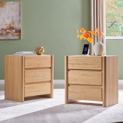 ALLTUFO 25" Tall Modern Nightstand Set of 2, 23.6" W Night Stand with Charging Station & 3 Handleless Storage Drawers, Wood Nightstands w/Rounded Corner Design for Bedroom (Natural)