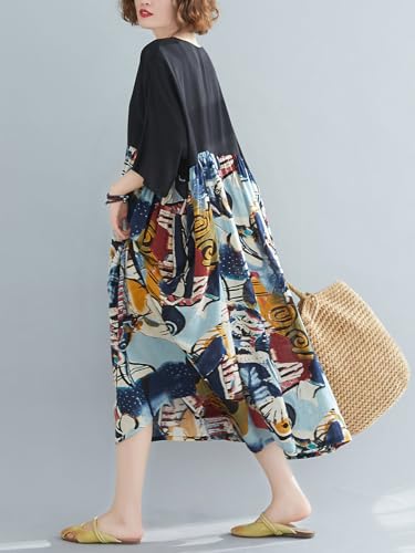 Image of Women's Oversized Dress Plus Size Summer Dress Artsy Print Pathwork | Loose, Oversized Cut Baggy Dresses. O Neck with Pockets. Breathable Viscose Fabric for Summer. Colorful Print Patchwork