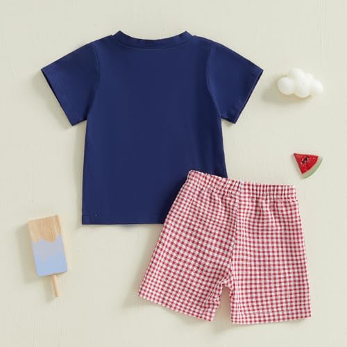 Image of 4th Of July Toddler Boy Outfit Popsicle American Flag T-Shirt and Gingham Plaid Shorts Set Independence Day Clothes