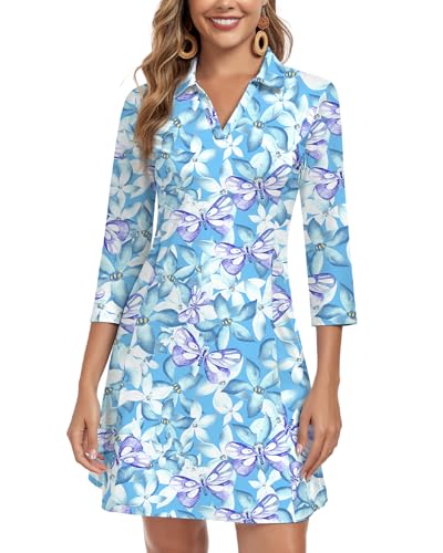 Image of WOWENY 3 /4 Sleeve Dress for Women with Pockets V Neck UPF 50+ Casual Sun Dress Breathable Quick Dry Beach Vacation