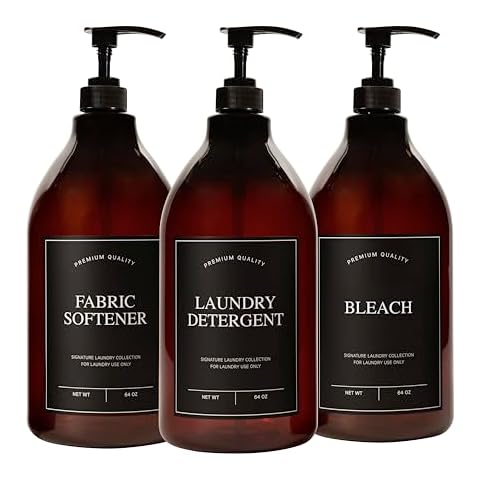 Calindiana Modern Farmhouse Liquid Laundry Detergent Bleach and Fabric Softener Dispenser for Laundry Room Decor and Organization, PET Plastic Soap Containers, Water Resistant Labels, 64 Oz Set of 3 Cover