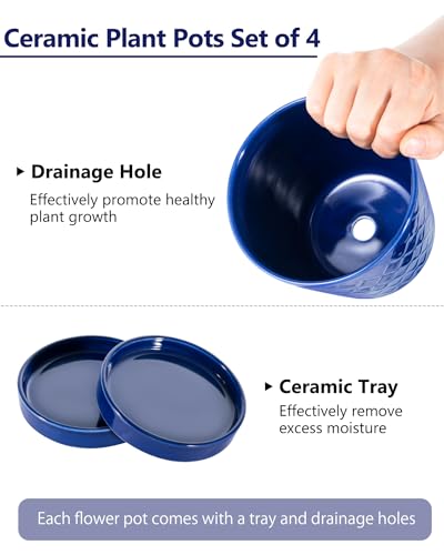 Image of EFISPSS Ceramic Plant Pots, 5Inch Pots for Indoor Plants, Planters with Drainage Holes and Ceramic Tray,Plant Lover Gift, Desktop Office Windowsill Decoration Gift Set of 4 - Blue