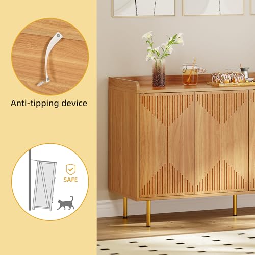 DWVO 55" Kitchen Storage Cabinet, Modern Sideboard Buffet Cabinet with Storage, Adjustable Shelves and Carved Design Doors for Living Room, Dining Room, Natural
