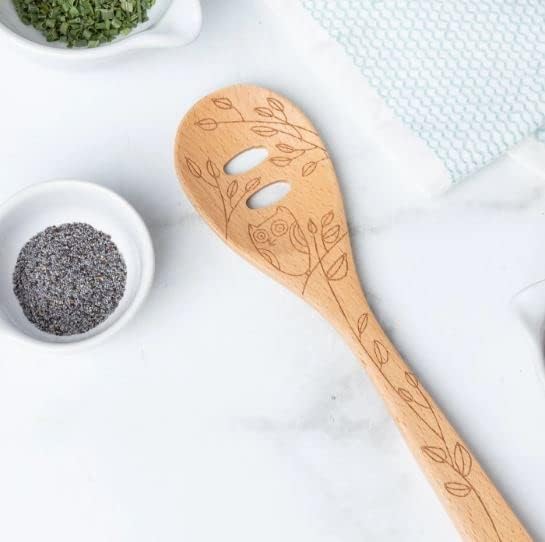 Beechwood 12" Slotted Spoon with Owl Etching