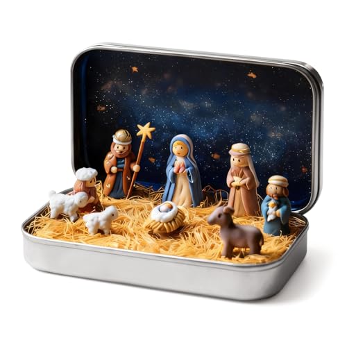 Mini Nativity Set in a Tin Box Portable Nativity Scene Decor Pocket Size Religious Holiday Decor 3D Mini Religious Holy Family Jesus Figurines Ornaments