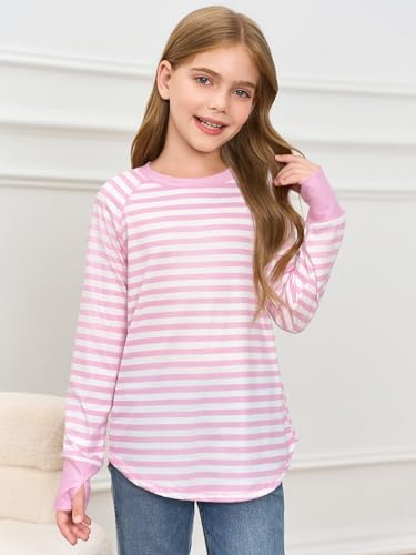 Haloumoning Girls Striped Thumb Hole Long Sleeve Shirts Kids Crewneck Tunic Tops Curved Hem Tees 5-14 Years3