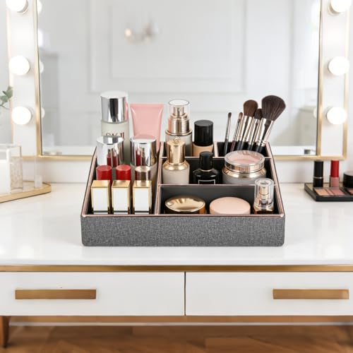 Image of PU Leather Makeup Organizer Tray,Large Vanity Organizer,Cosmetic Storage Box for Lipstick Brushes Skincare Perfume,Cosmetic Display Case Rose Gold-trimmed for Dresser,Bathroom Countertop(Grey)
