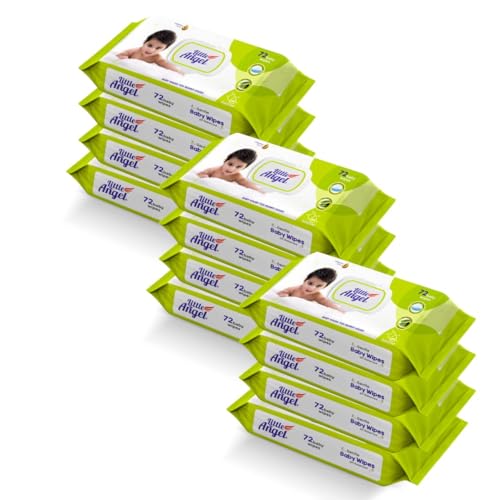 Image of Little Angel Super Soft Cleansing Baby Wipes Lid Pack, 864 Count, Enriched with Aloe vera & Vitamin E, pH balanced, Dermatologically Tested & Alcohol-free, Pack of 12,72 count /pack