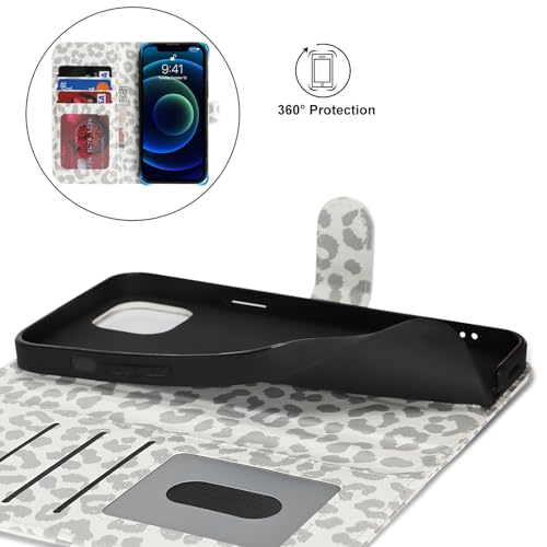 Image of for iPhone 13 Mini Case Wallet with Card Holder,for iPhone 13 Mini Wallet Case for Women Men,PU Leather Shockproof Magnetic Buckle Stand Flip Phone Case-White Leopard