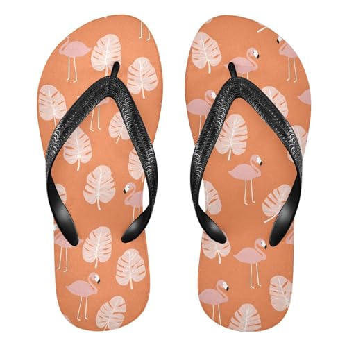 ALAZA Flamingos Monstera Leaves Flip Flops for Women Fashion Beach Slippers Comfort Mens Flip Flops Non-Slip Rubber Shower Slippers Sandal for Hotel Travel Sport,XS