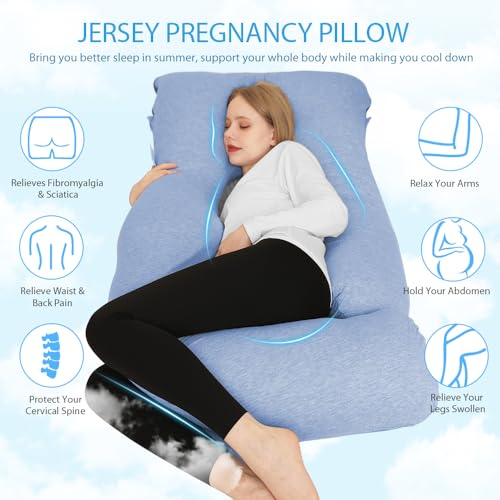 Image of Chilling Home Pregnancy Pillow, U Shaped Pregnancy Pillows for Sleeping Full Body Pillow Maternity Pillow for Pregnant Women 58 inch, Pregnant Women Must Have with Removable Cover, Blue-Jersey