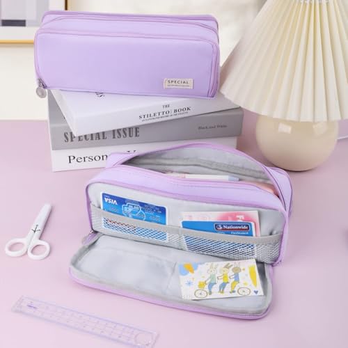 Image of Canvas Large Capacity Pencil Box for Girls & Boys, 3 Compartments Pen & Pencil Pouches, Aesthetic Stationery Pouch for School Kids College Students (Metal Large Purple)
