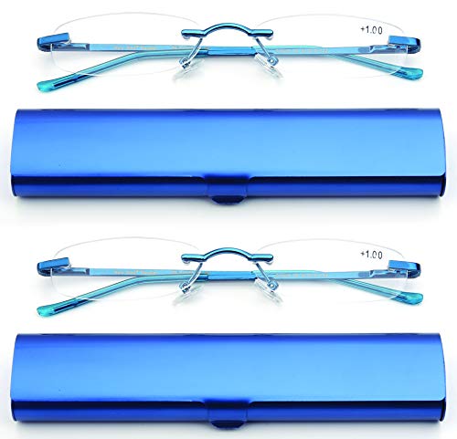 Newbee Fashion 2 Pack Compact Reading Glasses On The Go Slim Reading Glasses in Tube Reader Frameless Super Light Weight Reading Glasses Rimless in Aluminum Case Women Reading Glasses Blue 1.25