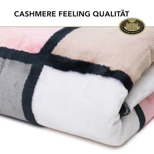 Gözze - Weiche Kuscheldecke, Cashmere Feeling, Hohes Stoffgewicht 500 g/m², Antigua, 150 x 200 cm - Altrosa/Taupe/Beere