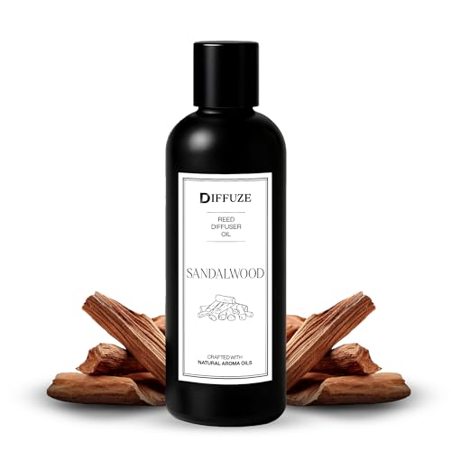 Image of DIFFUZE Sandalwood Essential Oil Reed Diffuser Refill with 10 Fibre Reed Sticks | Warm Woody Aroma Oil | Diffuser Oil for Home Fragrance | Fragrance Oil for Home