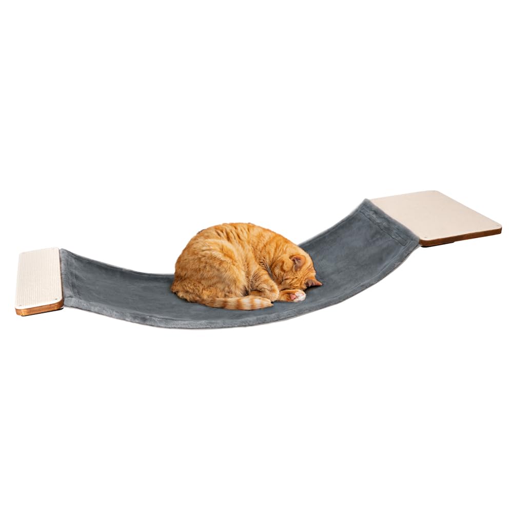 Hamaca de pared para gatos con diseño de doble tela, cama resistente para gatos grandes, puente para gatos y percha de pared para gatos con marco de metal y estante de madera para un descanso