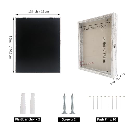 Image of GraduationMall 13x16 Wood Shadow Box Frame Glass Door Display Case with Linen Back and 6 Stick Pins,1.5 inches Interior Depth,Ideal for Memorabilia Pictures Flowers Medals Tickets Rustic White