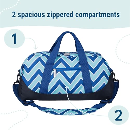 Image of Wildkin Kids Overnighter Duffel Bag - Carry-On Travel Bag for School & Sleepovers, Lightweight, Durable, Boys & Girls Ages 4-15 - Chevron Blue