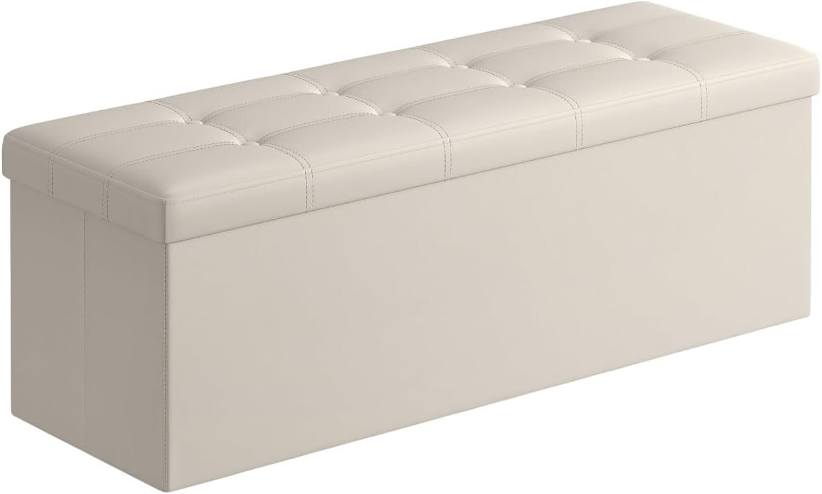 SONGMICS 43 Inches Folding Storage Ottoman Bench, Storage Chest, Footrest, Padded Seat, Cream White ULSF70M