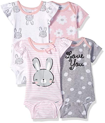 GERBER Baby Girls 4-Pack Short-Sleeve Onesies Bodysuit, Bunny, Newborn