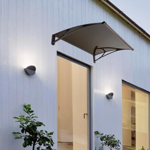 LOHISHILO Awning for Door Window Exterior with Aluminum Bracket, Front Door Overhang Awning with Coffee Bracket for Sun Shutter, UV, Rain and Snow Protection, Coffee+Tan, 40.15 * 30.31 * 9.25in