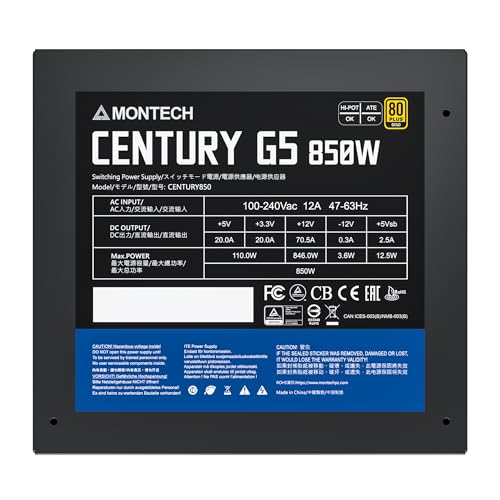 Image of Montech Century G5, 850 Watt, ATX 3.0 & PCIe Gen 5 Compliant, 80 Plus Gold, Low Noise, Superior Full-Bridge LLC Structure, Full Japanese Capacitors, Fully Modular Power Supply