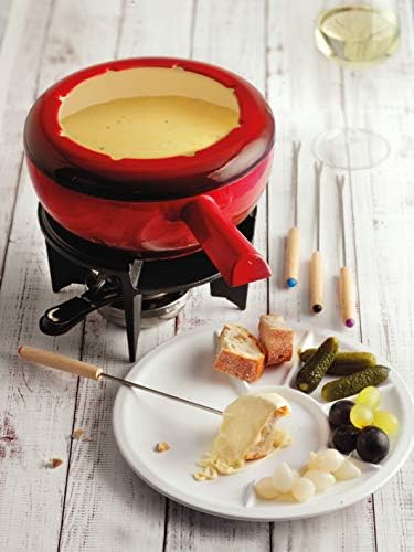 Spring Żeliwny zestaw do fondue, czerwony, Ø 20 cm, z 8 widelcami do fondue i ochroną przed pryskaniem, do fondue serowego, fondue mięsnego, palnik Rechaud