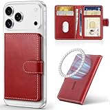 SHIELDON für MagSafe Wallet, Echtleder Mini-Geldbörse [Magnetische] [RFID Blocker] [ID-Fenster] [Abnehmbare] Handy Kartenhalter Kompatibel für iPhone 17 Pro/Max/Air/16/15/14/13/12 Series - Retro Rot