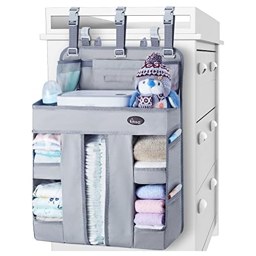 HHZ XL Hanging Diaper Caddy Organizer –Sturdy and Durable Baby Organizer – Diaper Stacker for Changing Table, Crib, Playard or Wall & Nursery Organization – Newborn Baby Essentials (Grey New)