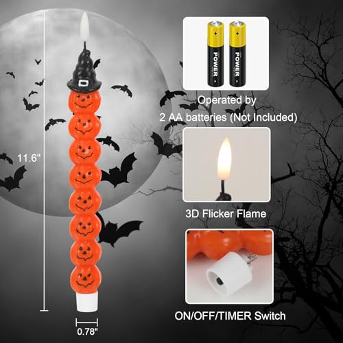 Image of Halloween Flameless Taper Candles with 6H Timer, 2 Pcs Hand-Painted Stacked Pumpkins LED Candlesticks with 3D Flickering Flame for Home Fall Indoor Halloween Decor(0.78 x 11.6 Inches)