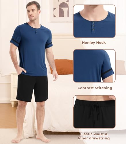 Image of NACHILA Pajamas Set for Men-Viscose Made from Bamboo, Short Sleeve Sleepwear Cool Pjs with Shorts Pants Soft Loungewear