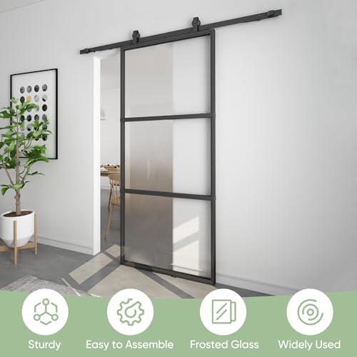 BARNSMITH 36in x 80in Frosted Glass Barn Door and 6FT Hardware kit Included, Soft Close Mechanism,Black Carbon Steel Tempered Frosted Glass Sliding Barn Door, Easy Assembly - Thumbnail 2