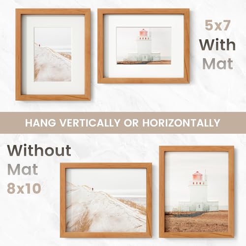 Image of 8x10 Picture Frame Set of 3, USA-Sourced Natural Cherry Wood Photo Collage Frame with HD Tempered Glass, Modern Simple 8 x 10 Wooden Frame Matted to 5x7 Gallery Frames for Art Wall or Tabletop Display