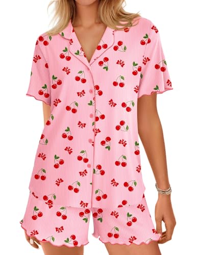 Image of Ekouaer Button Up Pajamas Set for Women Short Sleeve Ribbed Knit Sleepwear 2 Piece Pjs Shorts Set