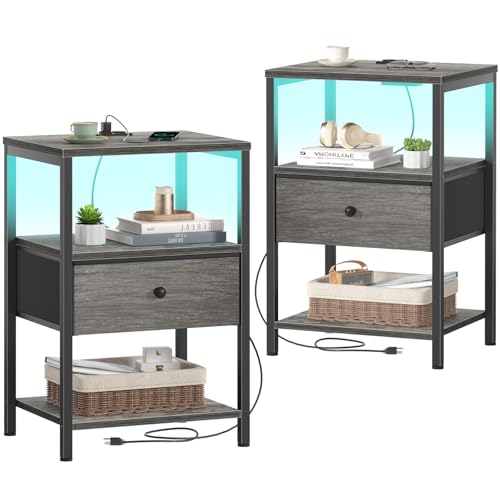 BOLUO Grey Nightstands Set of 2, Bedroom Night Stand Set