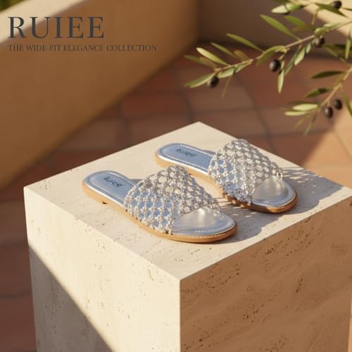 Image of Ruiee Wide Width Flat Sandals for Women. | Wide Width Sandals, X-Wide Feet Slides, Summer Braided Flat Slides, Versatile, Fashion Comfort