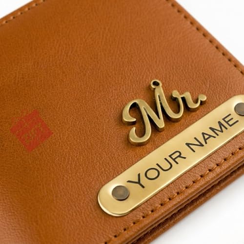 Image of Zift Personalized Name & Charm Leather Wallet & Keychain Gift Set for Men | Custom Name Engraved Wallet with Keychain | Birthday Anniversary Diwali Corporate Gifts for Men (Caramel Tan)