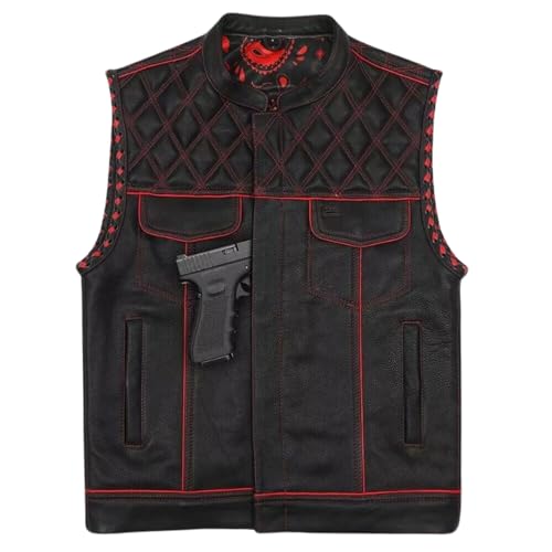 MEN'S BLACK LEATHER MOTORCYCLE VEST – DIAMOND STITCHED CONCEALED CARRY WAISTCOAT WITH RED LINING