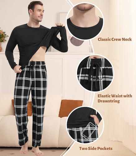 Image of NACHILA Pajamas for Men-Viscose Made from Bamboo, Long Sleeve Pajamas Set Comfy Sleepwear Pants Soft V Neck Pjs with Pockets