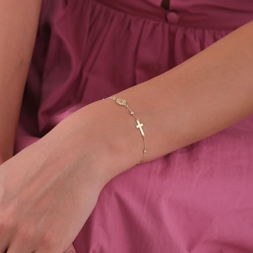 Image of MIONZA Catholic Medal Cross Bracelet for Women | 14K Gold Plated or Solid Gold, Religious Rosary Jewelry, Choose Your Saint Medal Bracelet