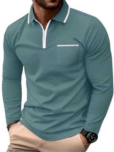 PrinStory Polo da uomo a maniche lunghe, con cerniera a un quarto, per golf, tennis, casual, in cotone, con tasche, Grigio foglia di tè, 3XL