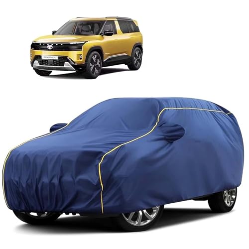 Image of Sulfar 100% Water Resistant Car Body Cover Compatible with Mirror for Tata Sierra (Triple Stitched, Full Bottom Elastic, Blue Tafetta with Yellow Piping)