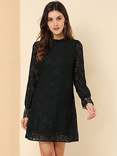 Allegra K Women's Cocktail Elegant Ruffle Crew Neck Floral Lace Shift Dress4