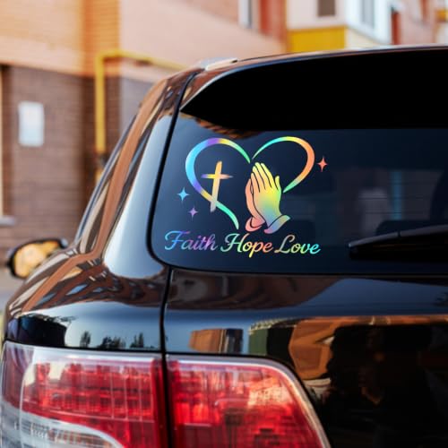 Image of Large Christian Car Decals, Faith Hope Love Praying Hands Stickers - 11 inch x 10 inch Waterproof Vinyl Sticker for Car, Truck, Window, Bumper, Laptop, Wall (Praying Hands-Holographic)