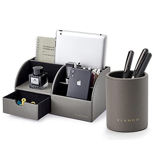 Vlando Office Supplies Desk Organizer Caddy, Desktop Hanging File Letter Document Storage Holder with Drawer Organizer Section for Office Home (Set of