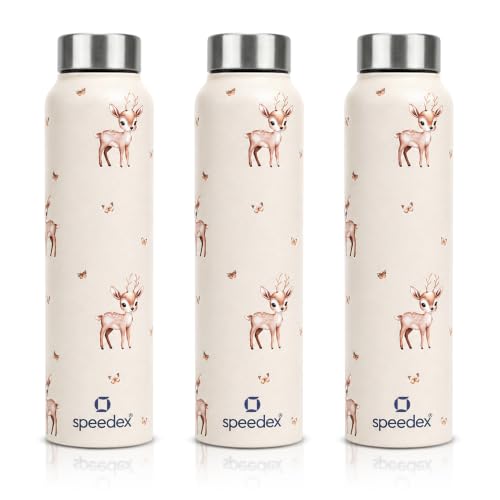 Image of Speedex Stainless Steel Printed Water Bottle 1 Ltr 1000 ml, BIS Approved, Leak Proof Screw Cap Bottle for Office, School, Travel, Daily Use for Men, Women, Kids, Adults, Baby Deer, Set of 3
