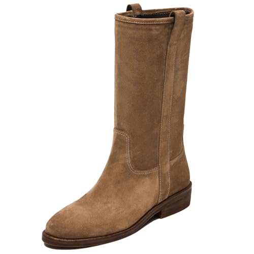Mid Calf Boots Women Brown Suede Cowboy Boots Round Toe Low Chunky Heel Boot Wide Calf Causal Fashion Ladies Booties