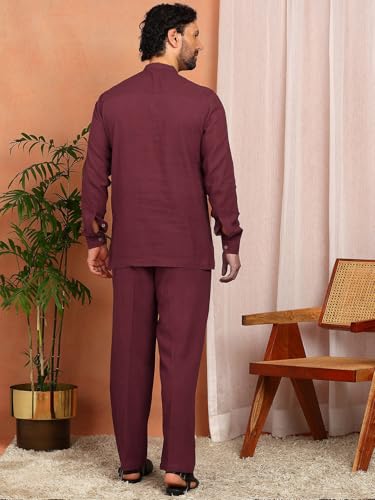 Image of See Designs Men's Full Sleeve Mandarin Collar Linen Solid Pathani Set