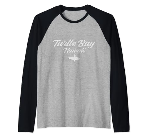 Turtle Bay Oahu Vintage Surfer, texte cursif, logo Hawaii Surf Manche Raglan