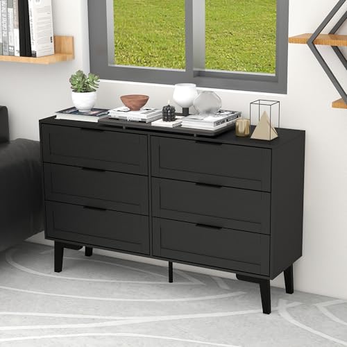 Image of Modern Wooden Dresser with Drawers, Tall Bedroom Storage Chest of Drawers, Wide Storage Dresser for Bedroom, Living Room, Entryway, Sturdy Organizer Cabinet Furniture,Black